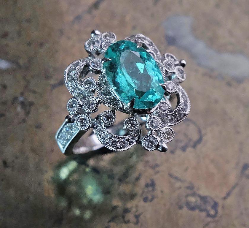 Ternary Paraiba Tourmaline Ring Neon Green Paraiba Mozambique