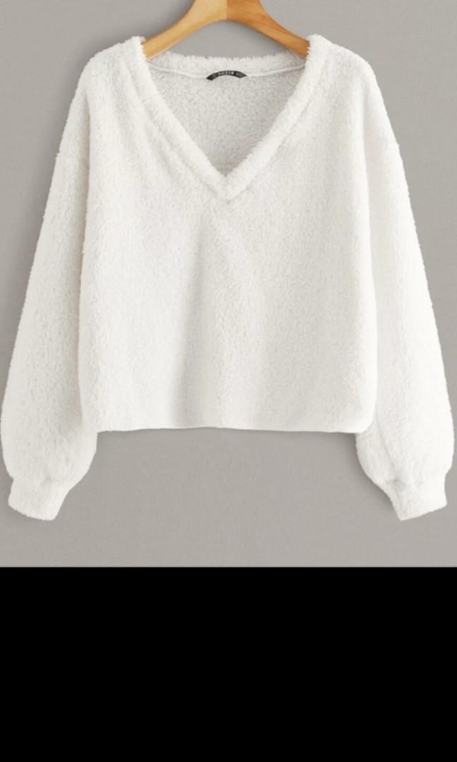 v neck long sleeve fuzzy sweatshirt