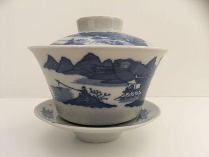 景德古窑青花瓷梧桐盖碗 Vintage  ‘Jingde ancient Kiln’ Blue & White lidded hand painted Porcelain tea bowl 