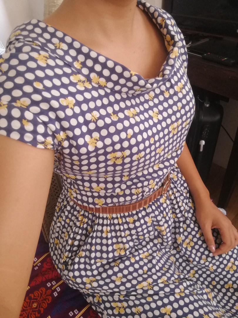 Blue Polka dot Retro Style Dress (Category: Dresses) located in Quezon City. Submitted by gabade (Listing ID 269064689, Image 1). Description: 📍Blue Polka Dot Retro Style Dress ✔️Condition: Very Good ✔️Size/Color: Small/Navy Blue and White Polka Dot with Yellow accent ✅ I'm 5'1 and the dress fell till my mid tigh ✔️Specs: with side pockets + criss croas design at the back ✔️ Perfect for new year event ✔️RFS: Decluterring #photocontest1 #treasure
