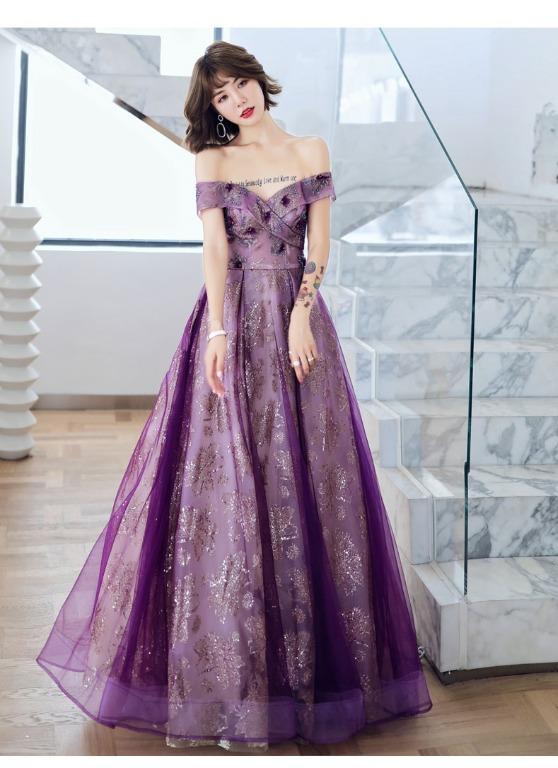 Purple off the shoulder prom dress sale