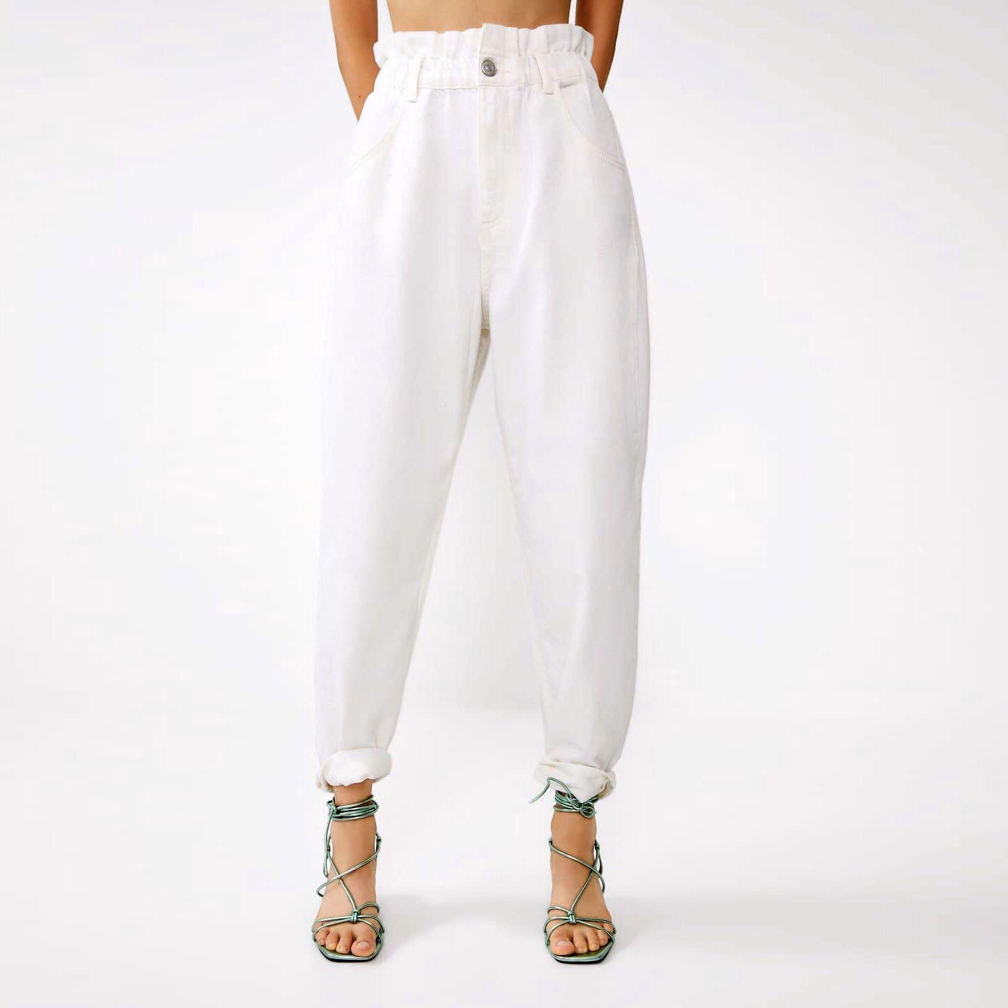 Zara White Denim Slouchy Paperbag Jeans 