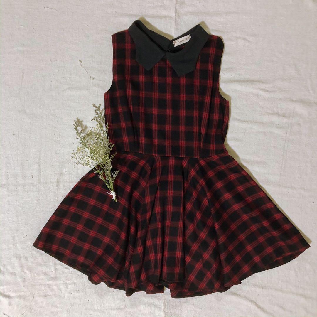 Ulzzang Red Checkered Skater Dress