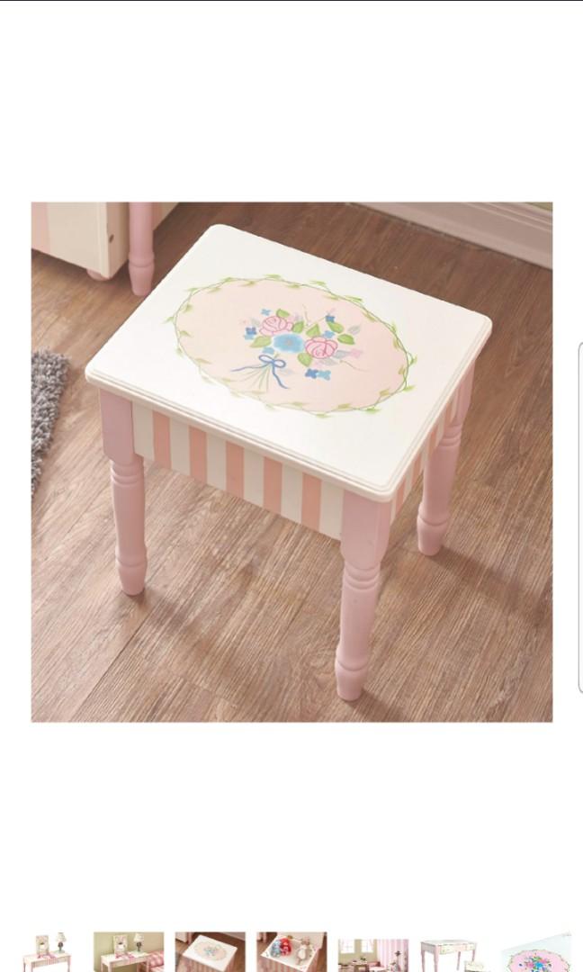 Lead Free Water-based Paint Fantasy Fields Bouquet Thematic Kids Flip Top Mirror Vanity Table and Stool Set Imagination Inspiring Hand Crafted /& Hand Painted Details Non-Toxic
