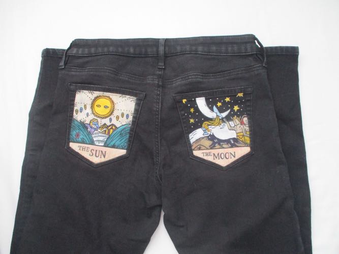Hand Painted Tarot Card Jeans Women S Fashion Clothes Pants Jeans Shorts On Carousell The design has been heat treated for durability, making it more suitable for everyday wear these faded black jeans have a fun flaming. hand painted tarot card jeans