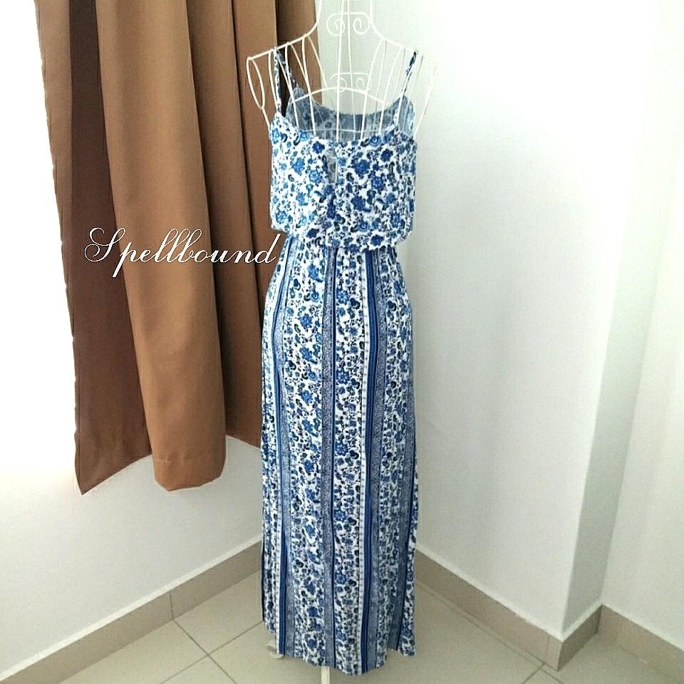 H M Porcelain Blue White Floral Printed Maxi Slit Beach Dress