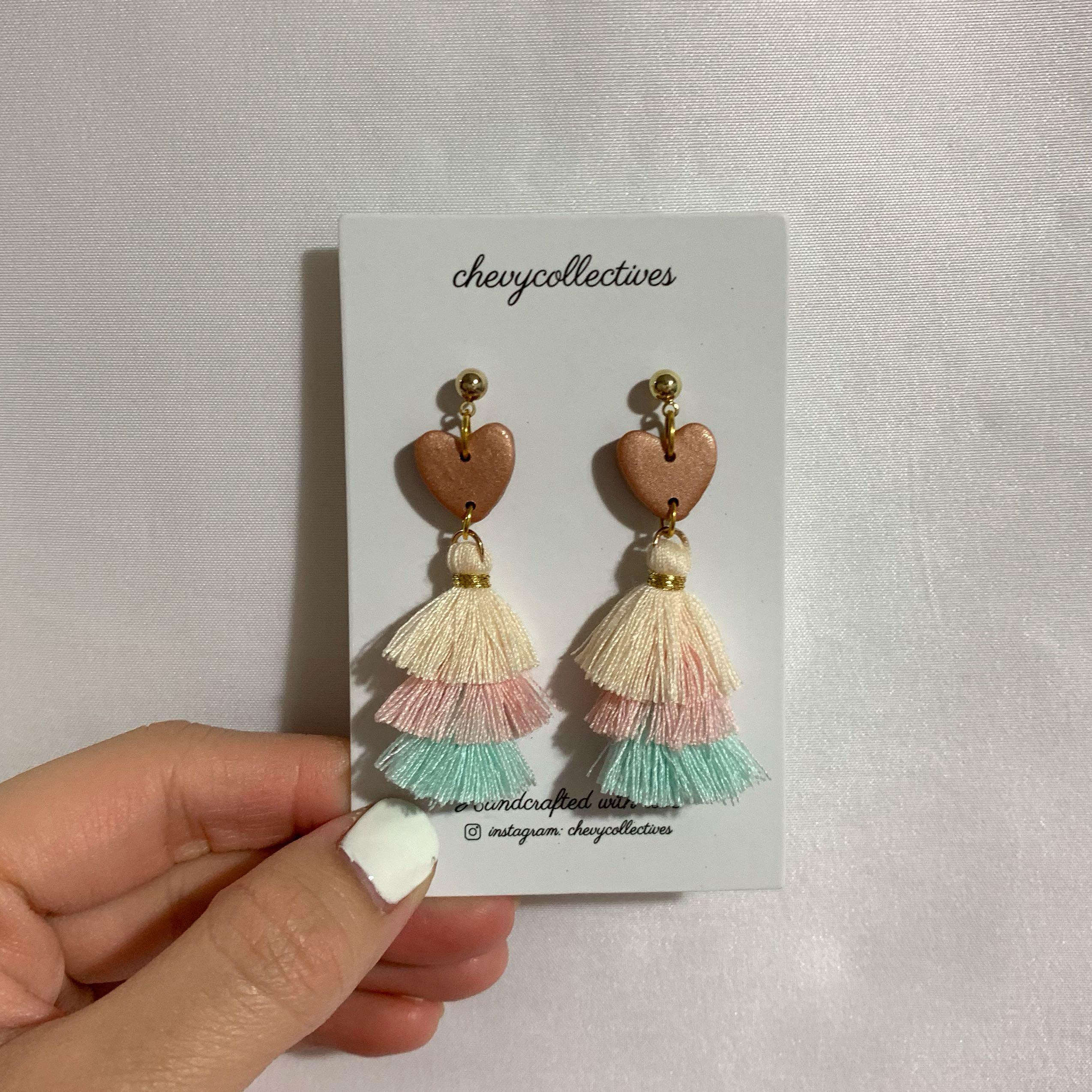 Rose Gold Heart Tri Colour Tassels Polymer Clay Earrings Women s