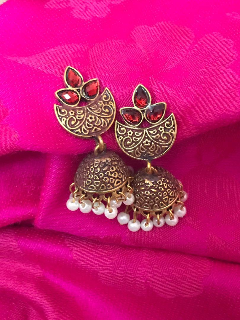 Red and best sale gold jhumkas