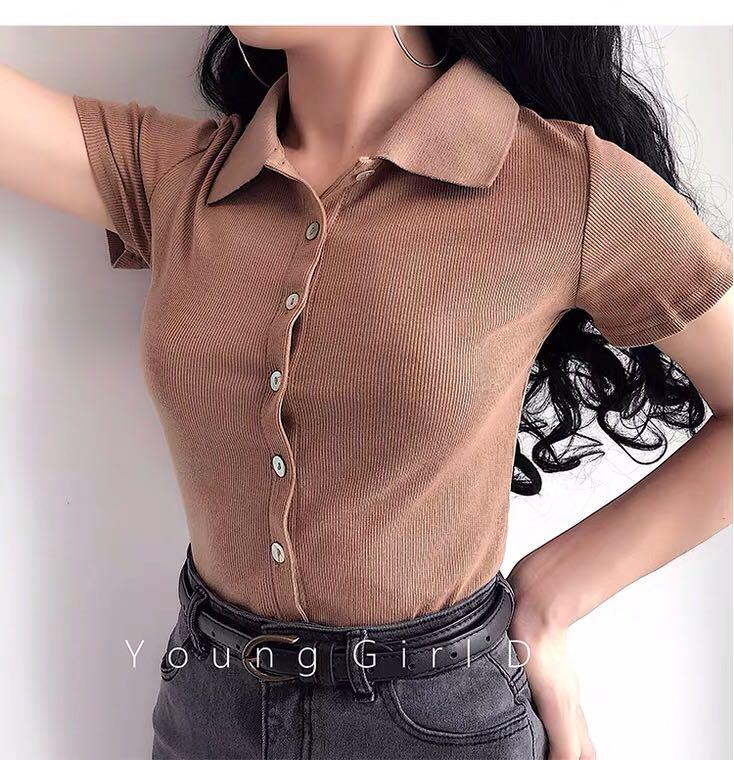 Button down polo crop top top