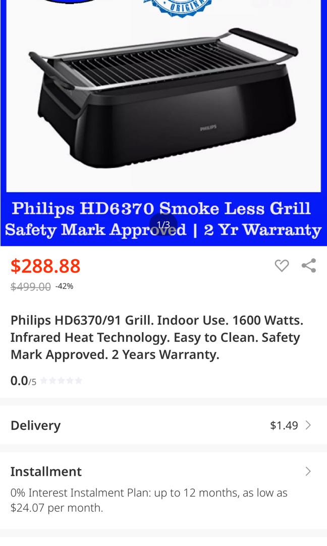 Philips HD6370/91 Smokeless Grill. Indoor Use. 1600 Watts. Infrared