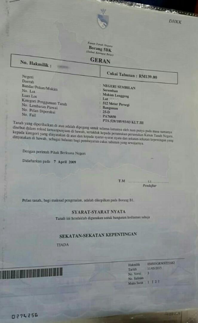 TANAH LOT BANGLO MAHKOTA HILLS, LENGGENG NEGERI SEMBILAN (GERAN 