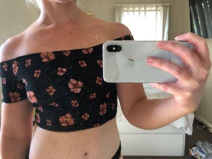 Glassons off the shoulder black floral crop top size S