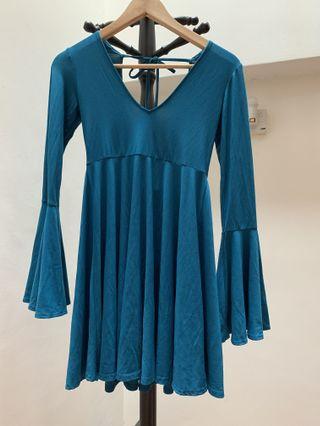 Asos emerald Blue Green Dress with bell sleeves