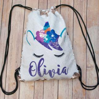 Personalized Reversible Sequin Unicorn Drawstring Backpack, Custom Two-Tone Mermaid School Bag, Kids Backpack