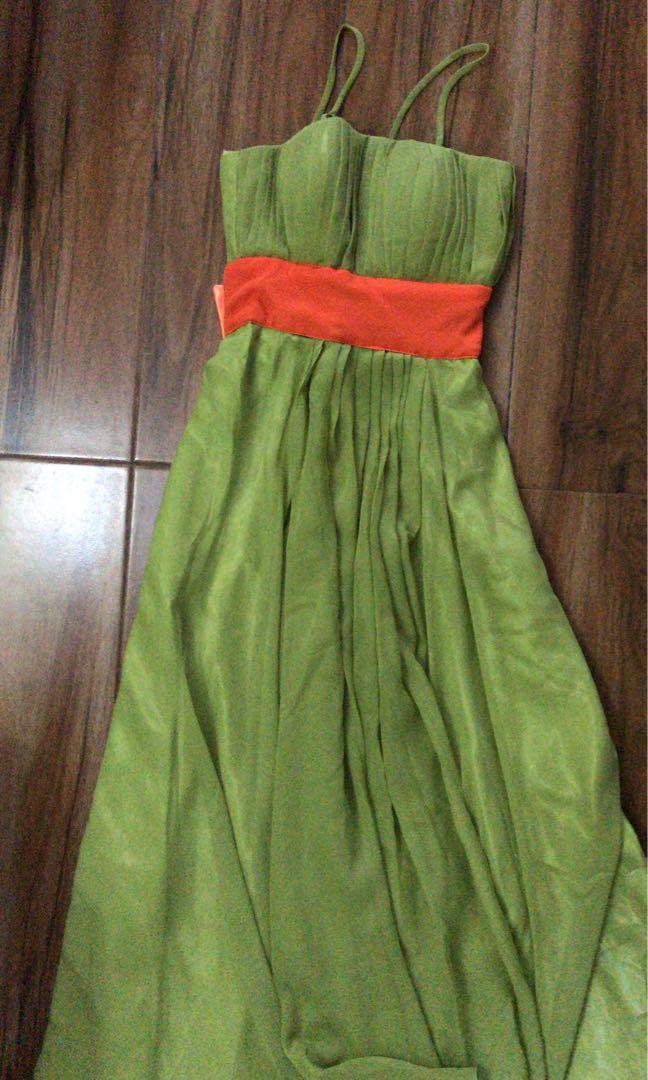 Green Gowns with orange ribbon, Women's Fashion, Dresses & Sets