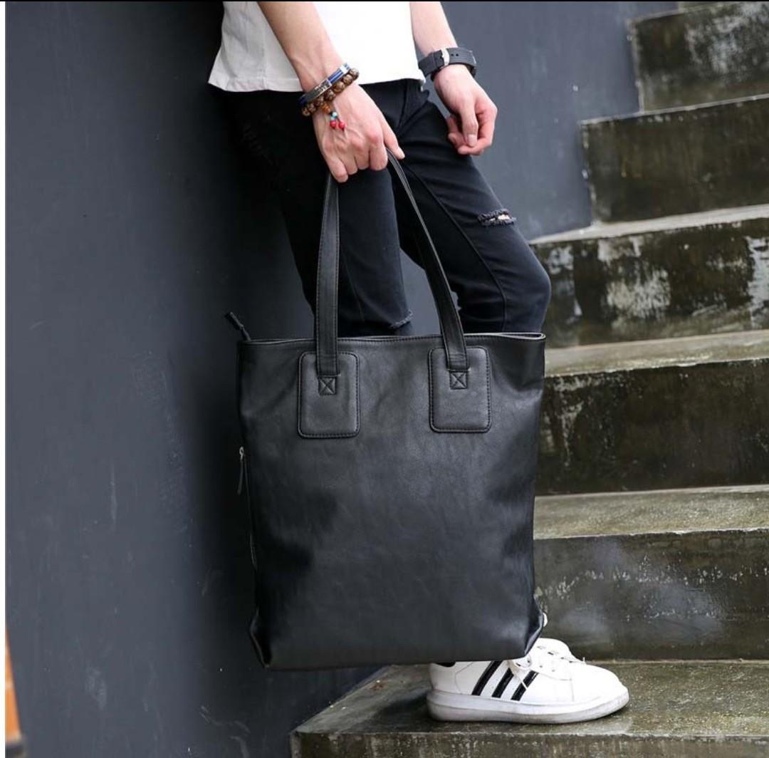 Black leather tote bag mens top