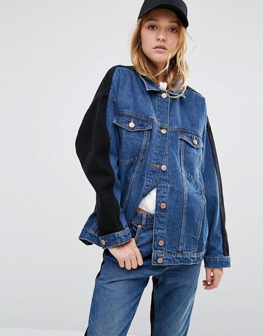 Monki Denim Oversized Colour Block Denim Jacket Women s Fashion Coats Jackets and Outerwear on Carousell