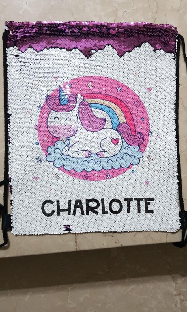 Personalized Reversible Sequin Unicorn Drawstring Backpack Custom