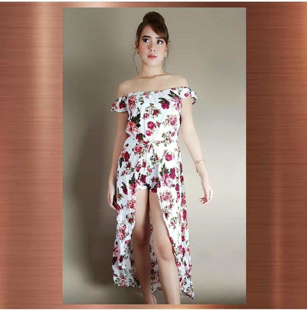 Off shoulder maxi skirted romper deals