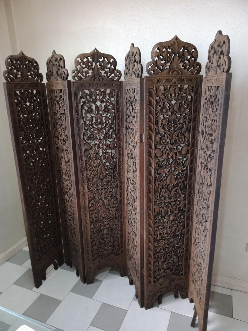 Vintage Hand Carved 6panel Teak Wood Carved Screen Room Divider, Furniture & Home Living