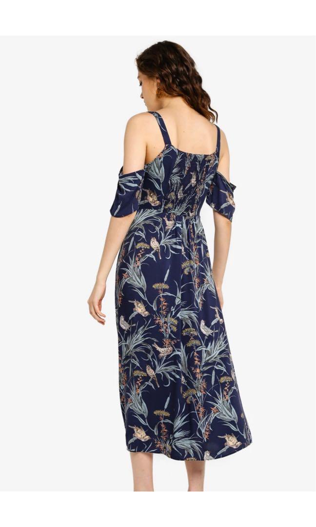 Warehouse Bird Print Cold Shoulder Dress