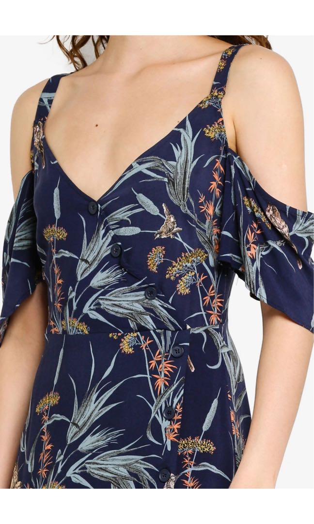 Warehouse Bird Print Cold Shoulder Dress
