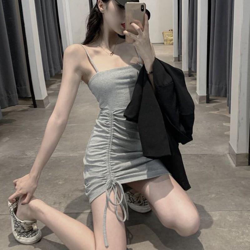 606 black grey green spaghetti strap spag strap bodycon dress club ulzzang korean sexy retro vintage tie up string side ruched dress