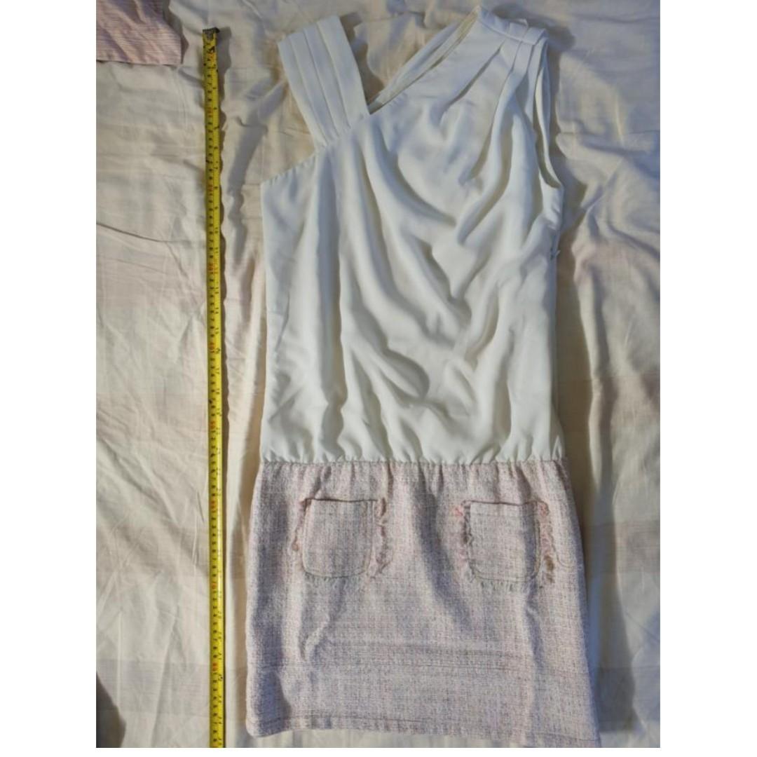 Cream and Pink Twofer Dress (Category: Dresses) located in Calamba. Submitted by ulan_rain (Listing ID 269969935, Image 1). Description: Invisible side zip Asymmetrical shoulder style Elastic waistband (may styled low-rise) Tweed-like skirt bottom Stored in closet from a smoking-free home Photos 4 shows minor flaws on the dress Note to interested Carousellers: please allow at least 24 hours for the seller to respond..