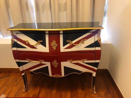 English style drawer cabinet table with Union Jack design.