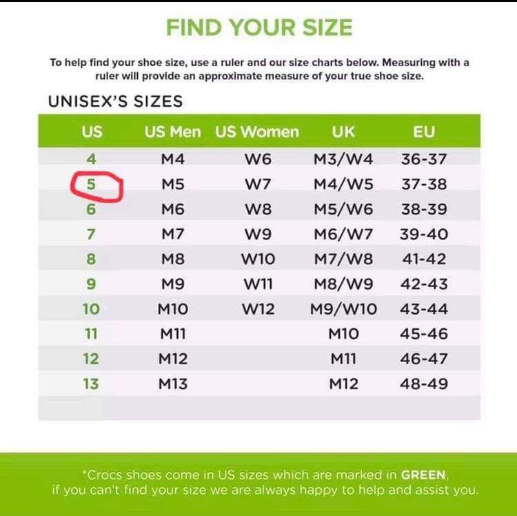 crocs size w7 in cm
