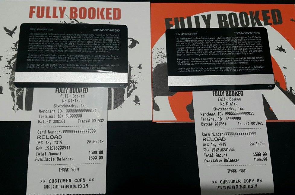 Fully Booked gift card (Category: Store Credits) located in Makati City. Submitted by rhayankathy (Listing ID 269735829, Image 1). Description: Fully booked gc 1,300 each 2,500 for two 500 discounted Updated May 1, 2023.
