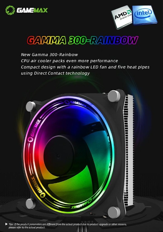 GAMEMAX GAMMA 300 RAINBOW CPU COOLER HSF HEAT SINK TOP FLOW INTEL AMD