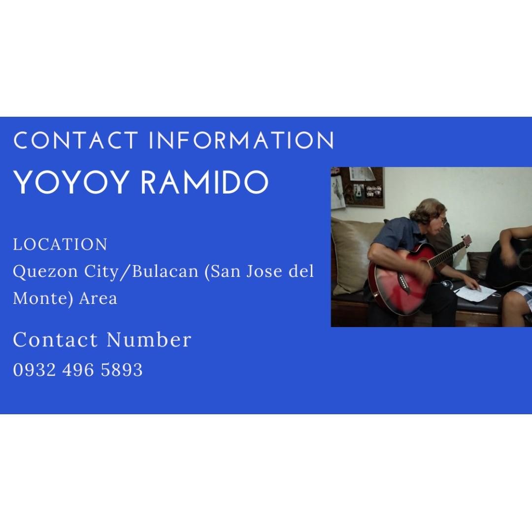Guitar/Bass Teacher (Lessons) (Category: Musical Instruments) located in Manila. Submitted by thejaypee (Listing ID 270131591, Image 2). Description: Experienced guitar & bass teacher (both performer and teacher) for over 10+ years. Experience in teaching beginner and intermediate levels from kids to adults. Can teach songs and basic music theory. Home service but preferably in Bulacan/QC area po. Contact 0932 496 5893 for inquiries regarding sch