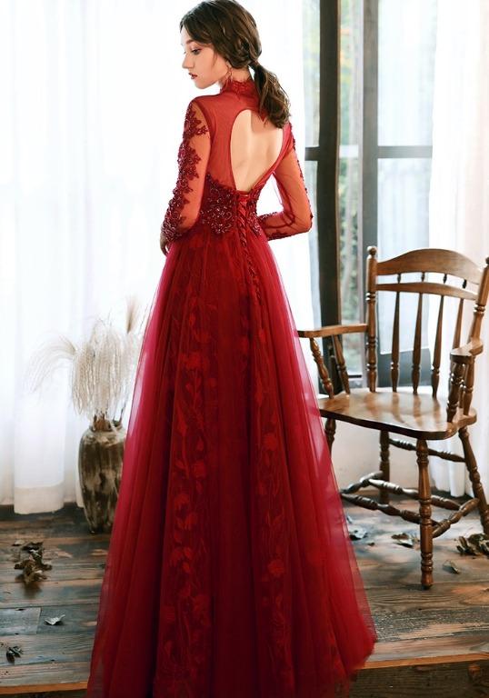 Pre order red long sleeve wedding bridal evening prom dress gown RBP1231