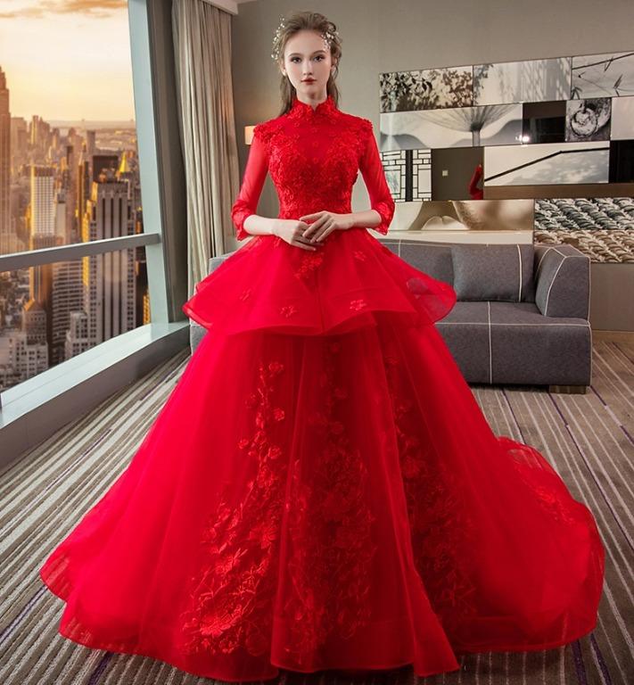 pre order red white long sleeve peplum cheongsam fishtail wedding bridal dress gown RB1663