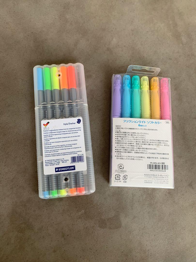 pilot frixion pastel highlighters + staedtler triplus fineliner neon