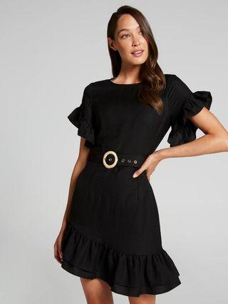Portmans Cali Double Ruffle Linen Dress in Black - Size 10 BNWT RRP $130