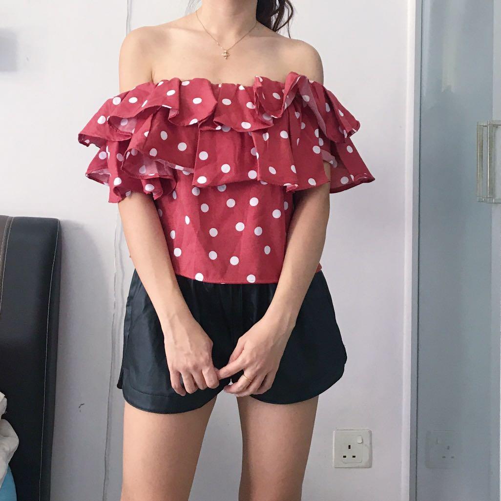 red polka dot off the shoulder top