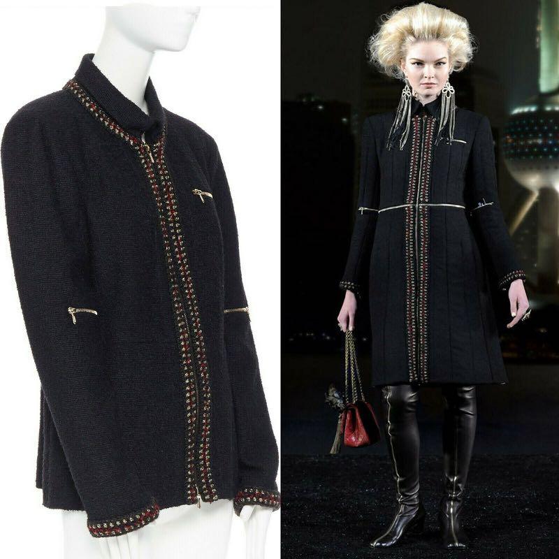 runway CHANEL 10A Paris-Shanghai black tweed red gold crochet trim jacket  FR48, 女裝, 外套及戶外衣服- Carousell