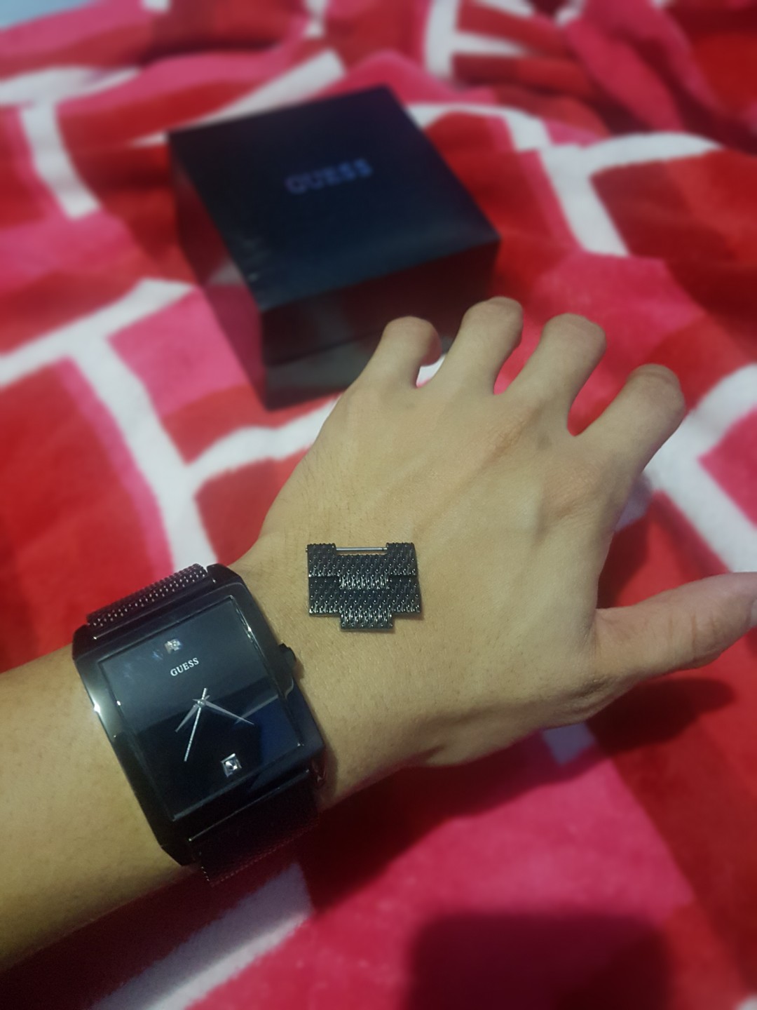 GUESS Mesh Black Ionic Plated Rectangular Genuine Diamond Watch. Color Black