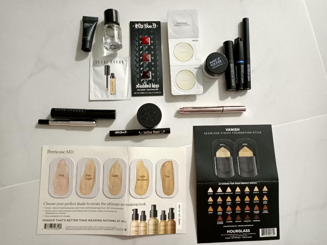Makeup samples (Category: Makeup) located in Singapore. Submitted by dream (Listing ID 270628865, Image 1). Description: 1. Bobbi brown Primer Plus Mattifier ($2) - Sold 2. Bobbi brown concealer ($0.50) 3. Bobbi brown treatment lotion ($5) - Sold 4. Marc jacob mascara ($2) - Sold 5. Marc jacob eyeliner ($2) - Sold 6. Kat Von D lipstick ($0.50) 7. Kat Von D tatto liner ($5) - Sold 8. Kat Von D finishing powder ($5) 9. Perricone MD foundation ($0.5