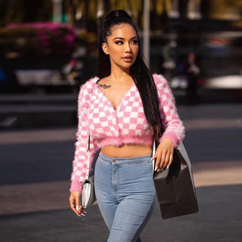 pink checkered cardigan