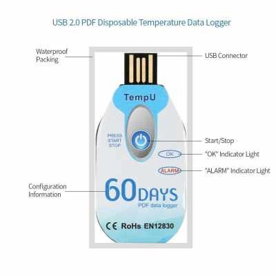 Waterproof USB 2.0 PDF Disposable Temperature Data Logger 60 Days Cold ...