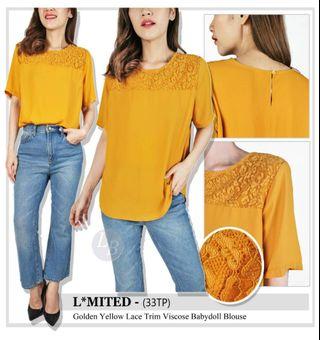 L*mited golden yellow lace trim viscose babydoll blouse