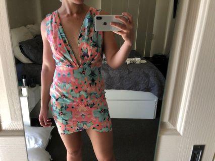 Who I Am pink and green mini dress with plunging neckline size 12