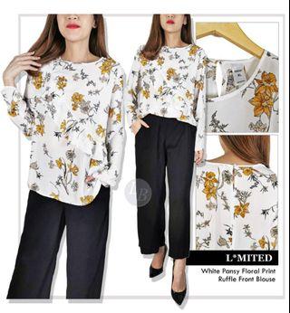L*mited white pansy floral print ruffle front blouse