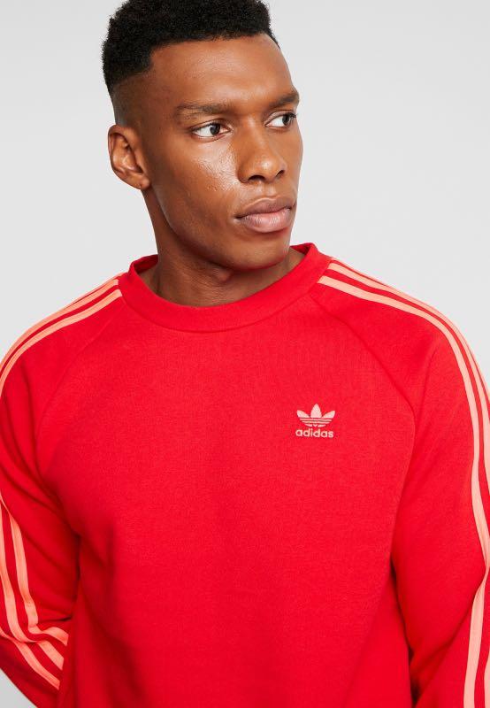 Adidas Originals Stripes Crew Sweater Scarlet Flash Red Men s Fashion Coats Jackets and Outerwear on Carousell