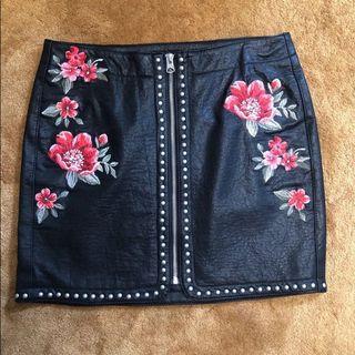 Studded Floral Leather Skirt