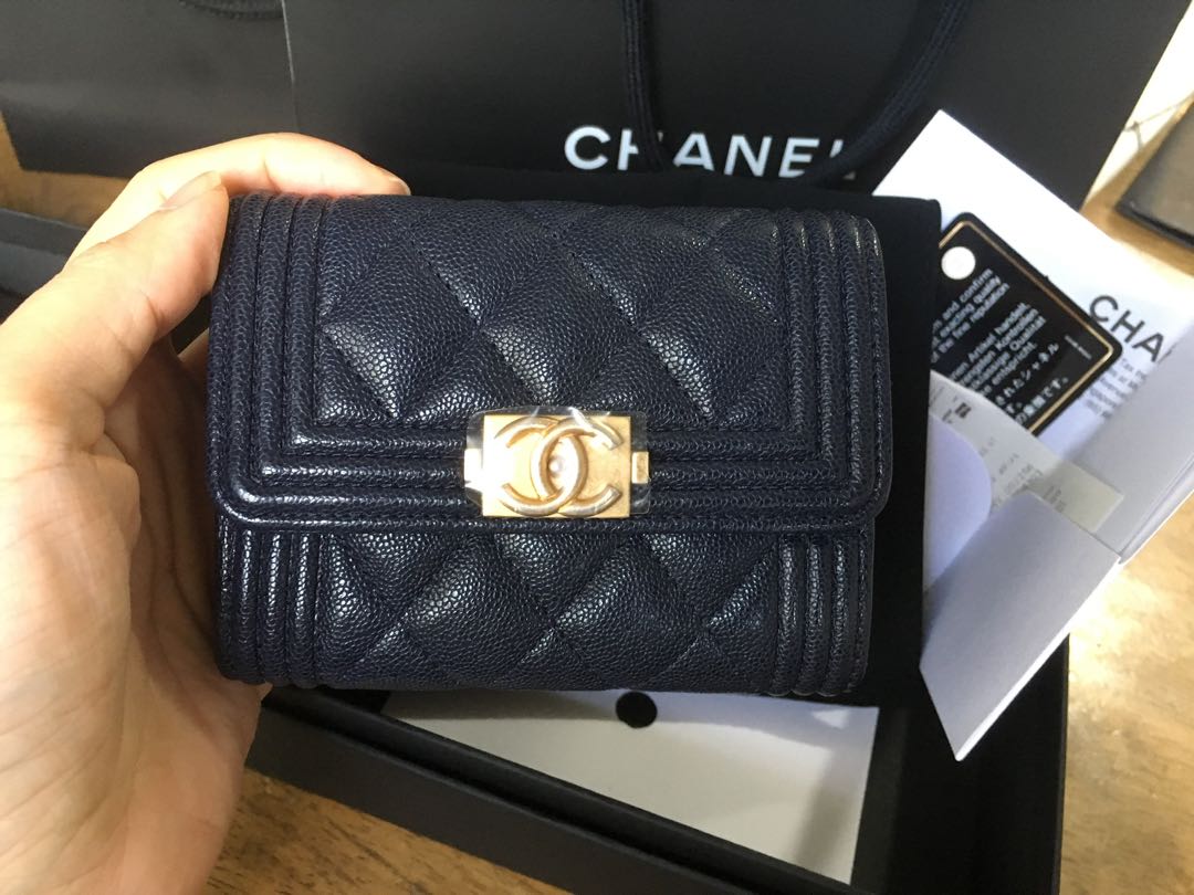 Chanel boy card holder XL / short wallet caviar dark navy blue, Luxury,  Bags & Wallets on Carousell