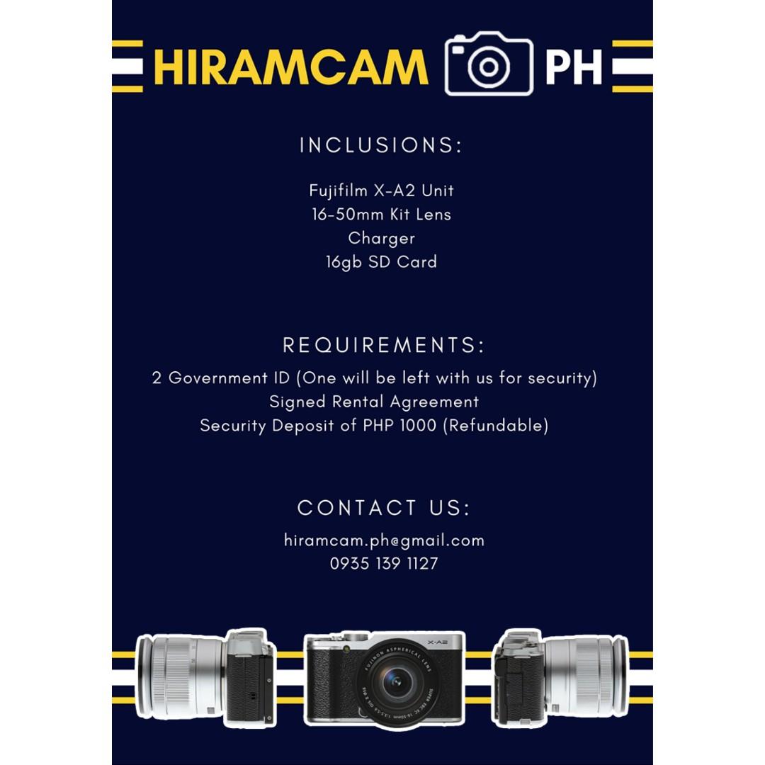 For Rent! Fujifilm X-A2 (Category: Cameras) located in Taguig. Submitted by hiramcam.ph (Listing ID 271050008, Image 2). Description: Fujifilm X-A2 for rent! Capture beautiful memories with loved ones with our affordable camera rental services. No more worries about not having a camera during life's memorable moments. The Fujifilm X-A2 is an ultra-light, selfie-ready camera that delivers outstanding image quality using its large 16.3 Megapixel AP
